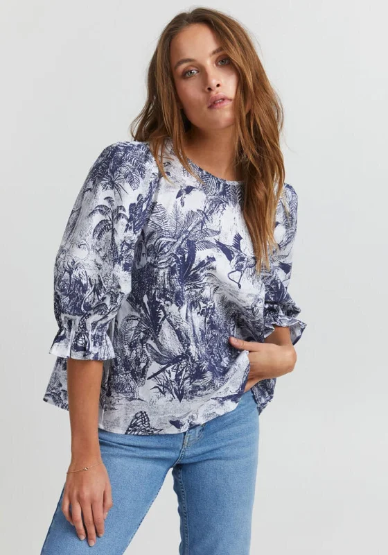 Pulz Nadia Printed Blouse, Navy & White Delicate Bow Blouse