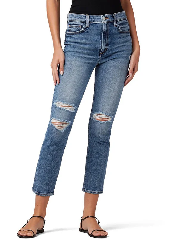 The Luna Womens High-Rise Crop Cigarette Jeans Comfortable Distressed Straight-Leg Jeans