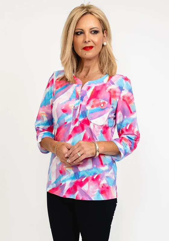 Leon Collection Jackie Watercolour Print Blouse, Pink Multi Sweetheart Neck Blouse