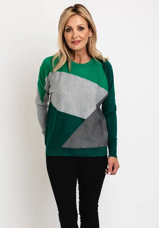 Micha Block Pattern Knit Sweater, Green Multi Boxy Sweater Fitted Sweater A-Line