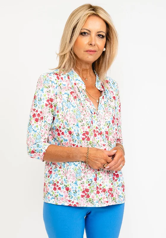 Leon Collection Ella Floral Buttoned Blouse, Pink Multi Feminine Ruffle Blouse