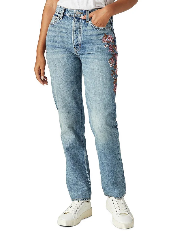 Womens High-Rise Embroidered Mom Jeans Casual Light Wash Jeans