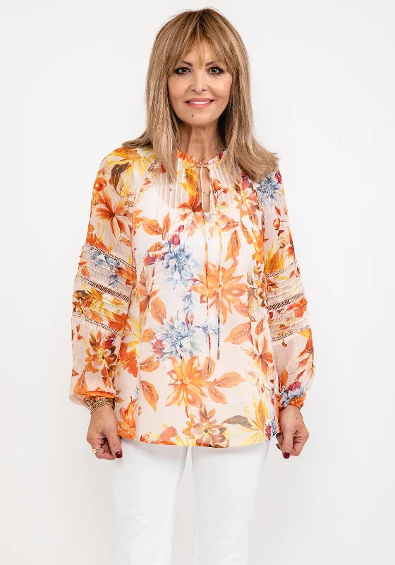 Guess Womens Floral Chiffon Blouse, Orange Lightweight Tunic Blouse