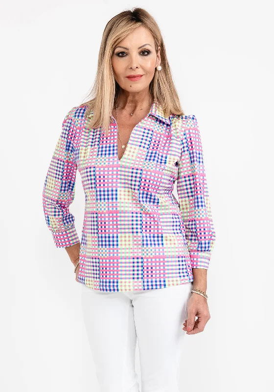 Leon Collection Open Collar Check Blouse, Multi Double-Layered Blouse