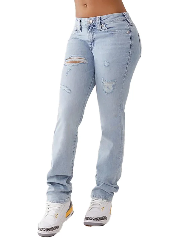 Womens Mid-Rise Destroyed Straight Leg Jeans Casual Light Wash Jeans