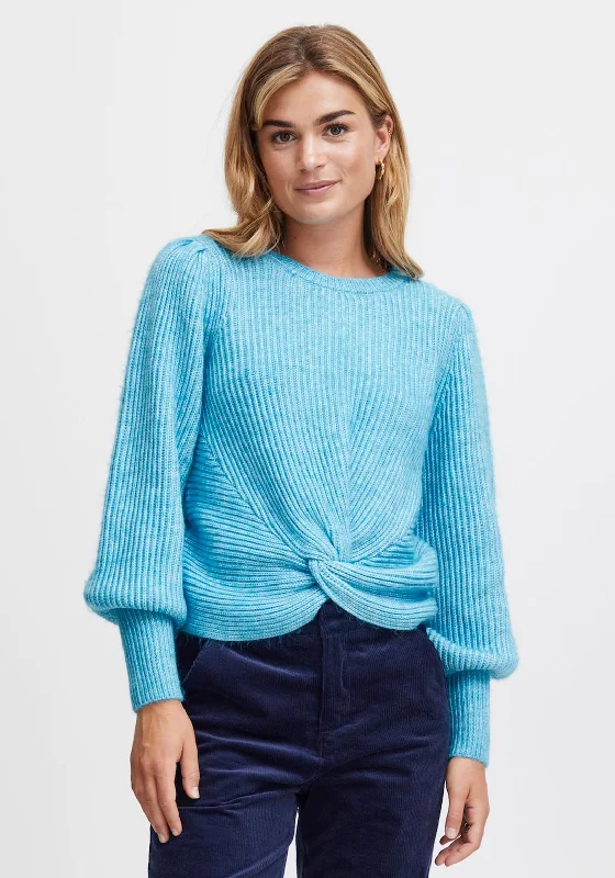 Fransa Elna Knot Detail Knitted Jumper, Ethereal Blue Thin Thick Dense