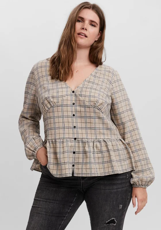 Vero Moda Curve Ella Tartan Peplum Blouse, Beige Smart Casual Blouse