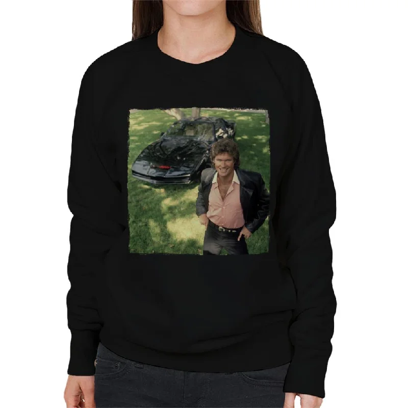 Knight Rider Michael Knight Smiling With KITT Women's Sweatshirt Hoodie with Emblem Brand Identity