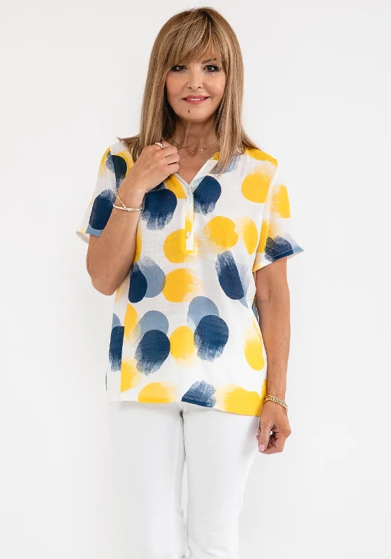 Anamor Tunic Neck Print Blouse, Yellow & Navy Silky Tunic Blouse