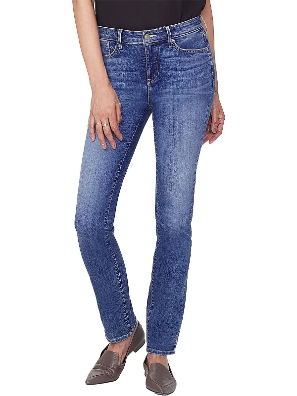 Womens Mid-Rise Medium Wash Slim Jeans Stylish Acid-Wash Jeans