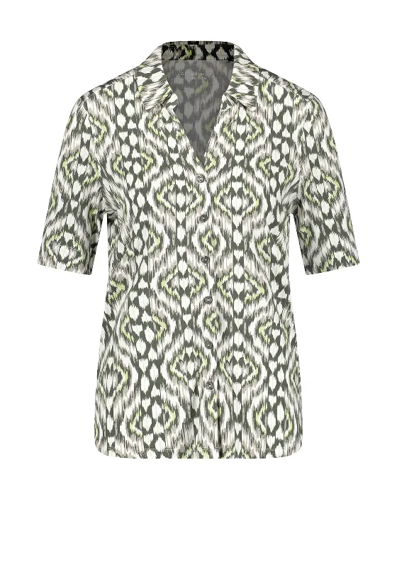 Gerry Weber Print Stretch Short Sleeve Blouse, Green Embellished Collar Blouse