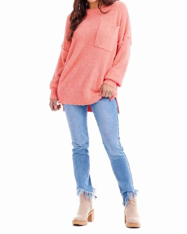 Rome Chenille Sweater In Coral Denim Fabric Leather Fabric Suede Fabric