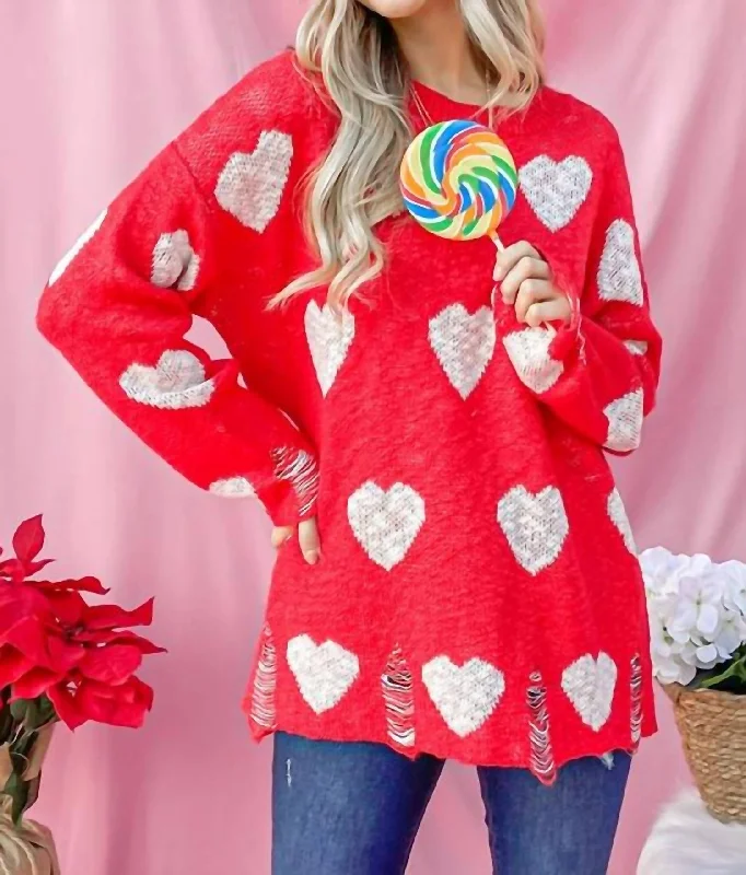 Distressed Sweater With Hearts In Red Hooded Sweater Collared Sweater Shawl Collar