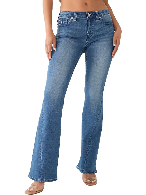 Joey Womens Mid-Rise Medium Wash Flare Jeans Trendy Layered Pocket Jeans