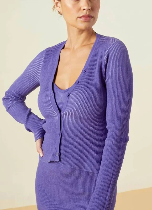 Sweater Rib Fitted Cardigan In Aster Purple Chenille Brocade Lace