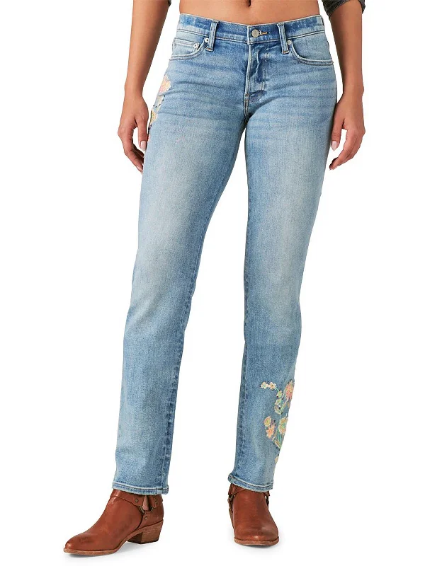 Womens Floral Embroidered Straight Leg Jeans Casual Loose Fit Jeans