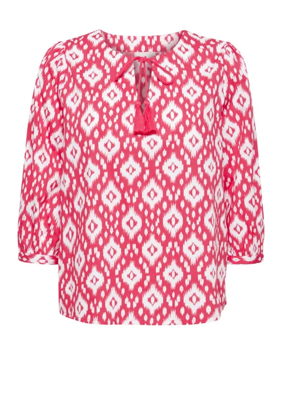 Ichi Tie Neck Printed Blouse, Pink Casual Relaxed Fit Blouse