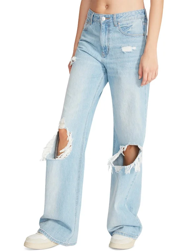 Womens High Rise Distressed Straight Leg Jeans Trendy Paperbag Waist Jeans