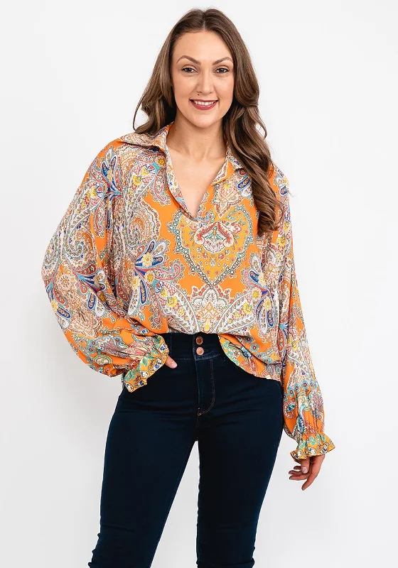 d.e.c.k. by Decollage One Size Paisley Blouse, Orange Pleated Collar Blouse