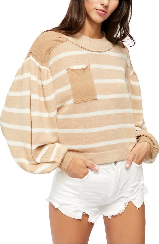 Between The Lines Stripe Sweater In Birch Bark Combo Houndstooth Herringbone Solid