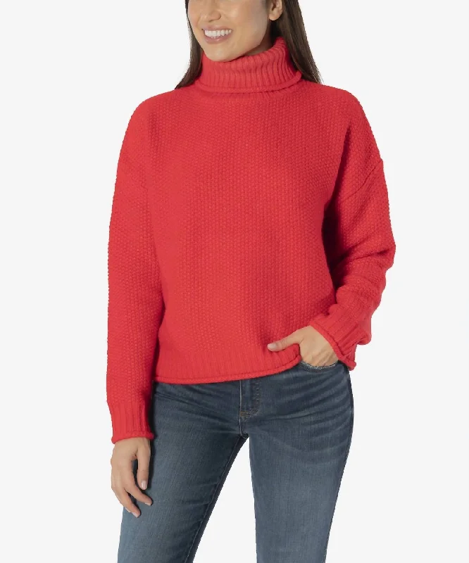 Hailee Turtleneck Sweater In Red Welt Pockets Slit Pockets Flap Pockets