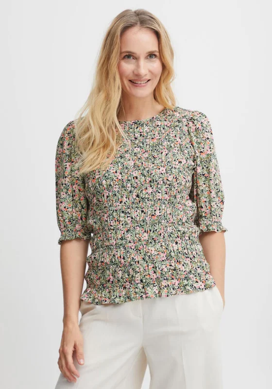 Fransa Flower Print Tiered Blouse, Camellia Rose Lightweight Linen Blouse