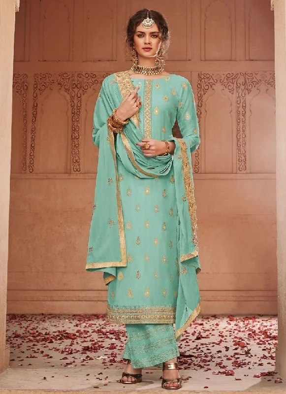 Aqua Green Banarasi Jacquard Pant Suit Trendy Printed Leggings