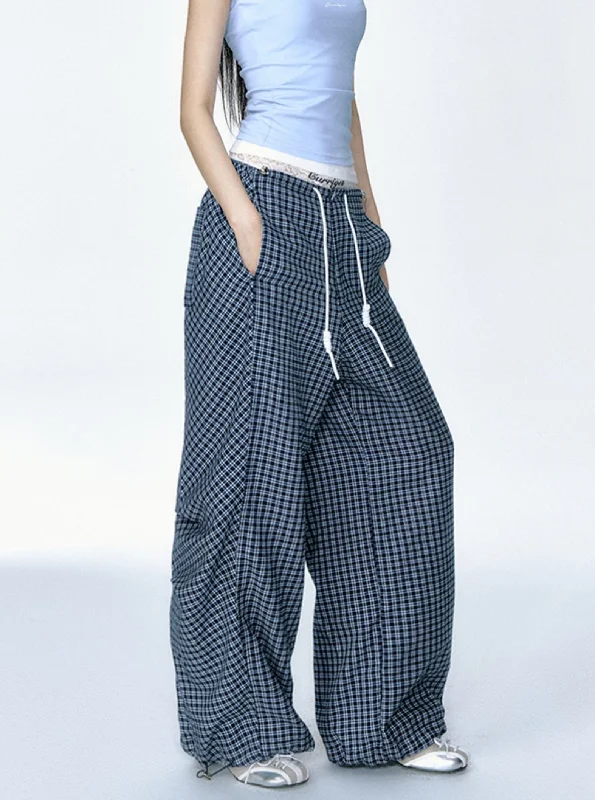 Relaxed Fit Check Lounge Pants Trendy High-Waist Trousers