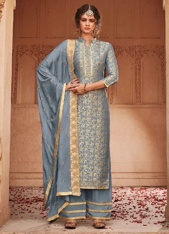 Grey Banarasi Jacquard Pant Suit Elegant Wool Trousers