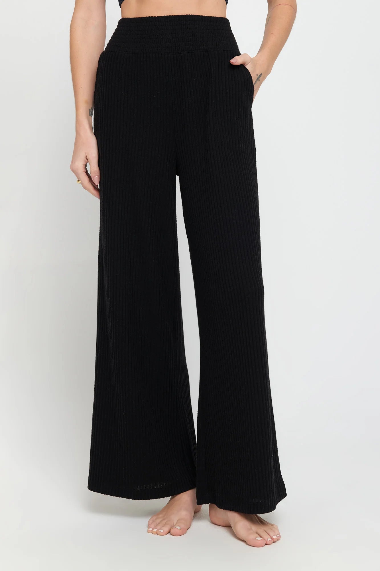 Spiritual Gangster Black Harmony Rib Wide Leg Pant High-Waist Trousers