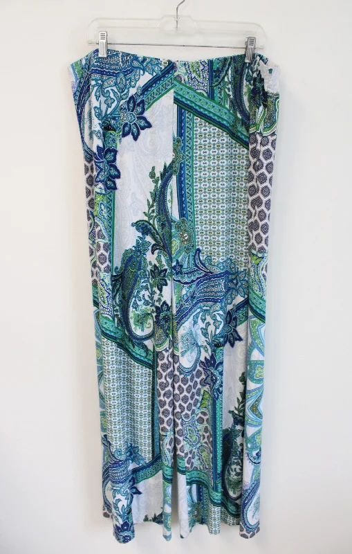 Chico's Blue Green White Paisley Print Stretch Wide Leg Pant | 3 (16/XL) Chic Wool Trousers