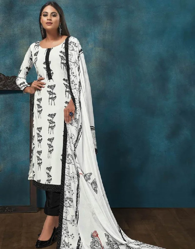 White Crepe Digital Print Pant Salwar Suits Elegant Palazzo Trousers