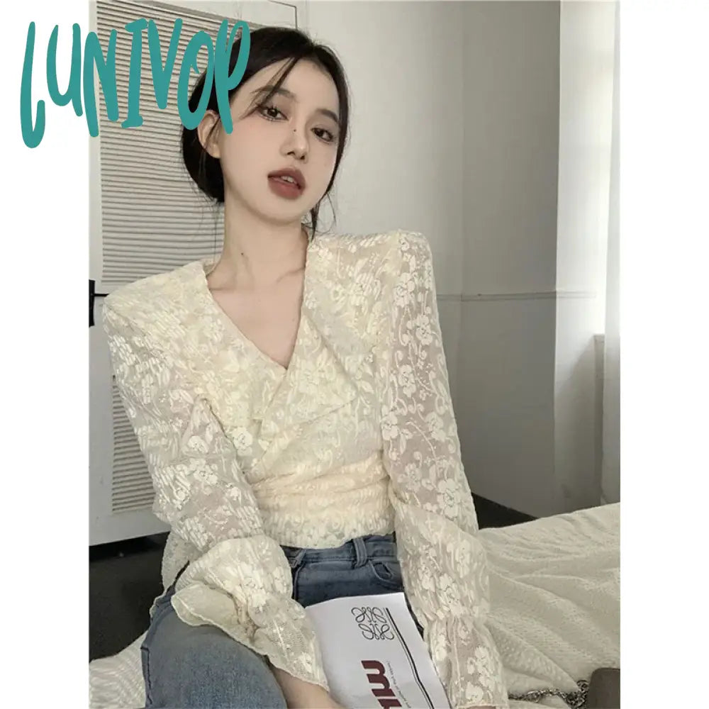 Lunivop Elegant Lace Cropped Blouses Women Vintage Bandage Long Sleeve Shirts Korean Designer Simple V Neck Slim Crop Tops New Collared Satin Blouse Lunivop Elegant Lace Cropped Blouses Women Vintage Bandage Long Sleeve Shirts Korean Designer Simple V Neck Slim Crop Tops New Collared Satin Blouse