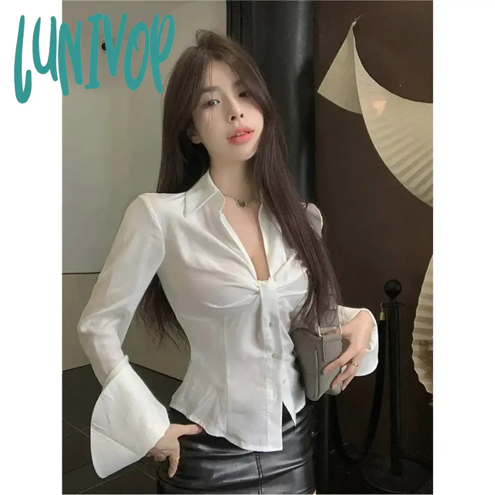Lunivop Elegant White Shirts Women Sexy V Neck Folds Blouses Summer Streetwear Korean Flare Long Sleeve Slim Chic Crop Tops New Floral Chiffon Blouse Lunivop Elegant White Shirts Women Sexy V Neck Folds Blouses Summer Streetwear Korean Flare Long Sleeve Slim Chic Crop Tops New Floral Chiffon Blouse