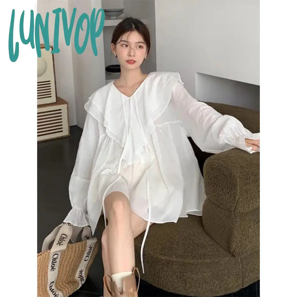 Lunivop Vintage Sweet Ruffles Shirts Women 4Xl White Elegant Oversize Sun-Proof Blouses Korean Cute Flare Sleeve Loose Casual Tops Slim Fit Blouse Lunivop Vintage Sweet Ruffles Shirts Women 4Xl White Elegant Oversize Sun-Proof Blouses Korean Cute Flare Sleeve Loose Casual Tops Slim Fit Blouse