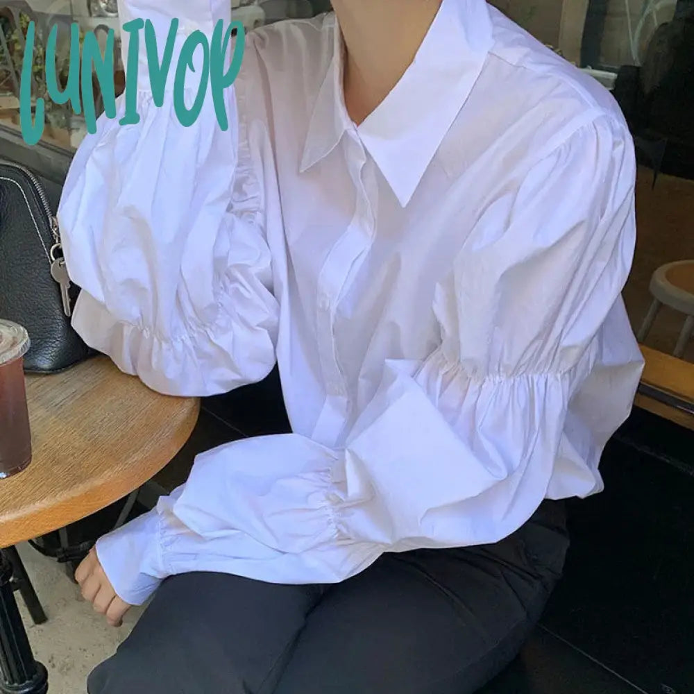 Lunivop Vintage White Shirts Women Puff Sleeve Folds Blouses Korean Streetwear Office Lady Elegant Solid Simple Loose Casual Tops Modern Work Blouse Lunivop Vintage White Shirts Women Puff Sleeve Folds Blouses Korean Streetwear Office Lady Elegant Solid Simple Loose Casual Tops Modern Work Blouse