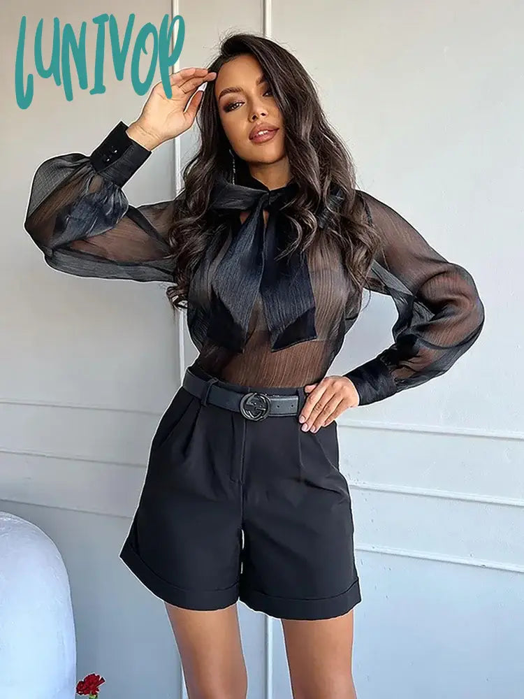 Lunivop Women Blouses Shirts Summer Chiffon See Throught Office Ladies Blouse Fashion Puff Sleeve Lace Up Shirts Tops Black Feminine Satin Blouse Lunivop Women Blouses Shirts Summer Chiffon See Throught Office Ladies Blouse Fashion Puff Sleeve Lace Up Shirts Tops Black Feminine Satin Blouse