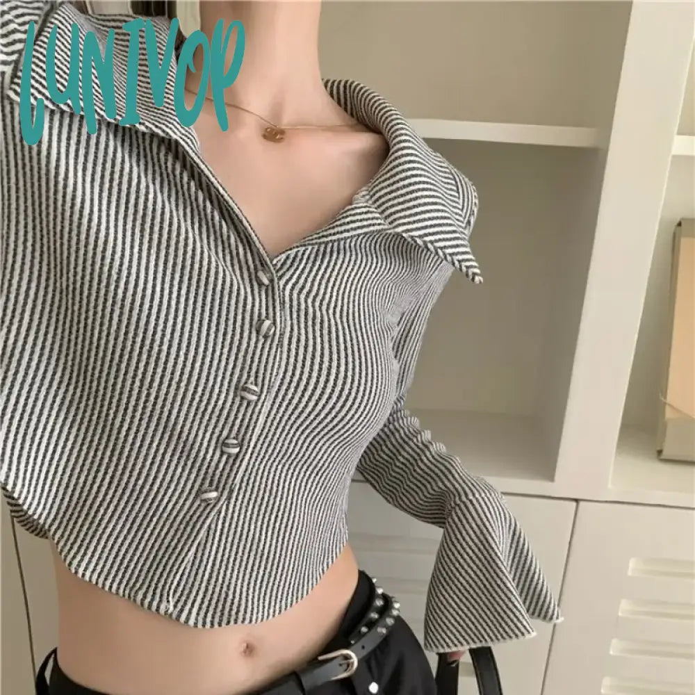 Lunivop Women Striped Cropped Vintage Shirts Korean Style Flare Sleeve Sexys Gyaru Chic Short Blouses Youthful Autumn Clothes Business Casual Blouse Lunivop Women Striped Cropped Vintage Shirts Korean Style Flare Sleeve Sexys Gyaru Chic Short Blouses Youthful Autumn Clothes Business Casual Blouse