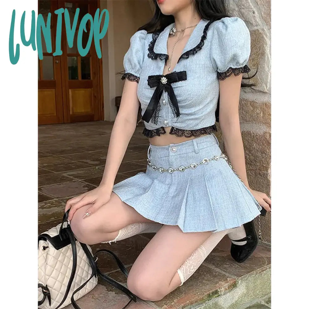 Lunivop Y2K 2 Piece Sets Women Outfit Vintage Cropped Bow Shirts Kawaii Sweet Lace Patchwork Blouses + Korean Pleated Mini Skirt Soft Modal Blouse Lunivop Y2K 2 Piece Sets Women Outfit Vintage Cropped Bow Shirts Kawaii Sweet Lace Patchwork Blouses + Korean Pleated Mini Skirt Soft Modal Blouse
