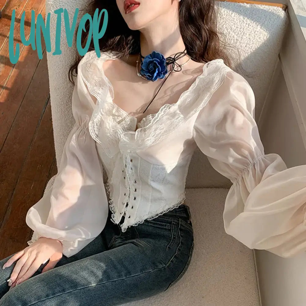 Lunivop Y2K Fairy Women Lace Ruffles Chiffon Blouses Cross Tie-Up Front Lantern Sleeve Shirts Fashion Spring Casual Crop Tops Elegant Silk Blouse Lunivop Y2K Fairy Women Lace Ruffles Chiffon Blouses Cross Tie-Up Front Lantern Sleeve Shirts Fashion Spring Casual Crop Tops Elegant Silk Blouse