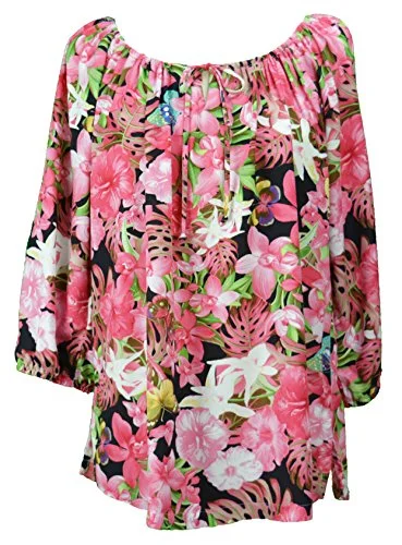 RJC Womens Hibiscus Butterfly Orchid Peasant Blouse Lightweight Floral Blouse