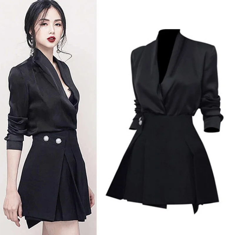 Spring 2019 New Runway Style Women V Neck Sexy Blouses Tops Graceful OL Clothing Set And Pleated Party Skirt Suits Set NS359 Feminine Pastel Blouse Spring 2019 New Runway Style Women V Neck Sexy Blouses Tops Graceful OL Clothing Set And Pleated Party Skirt Suits Set NS359 Feminine Pastel Blouse