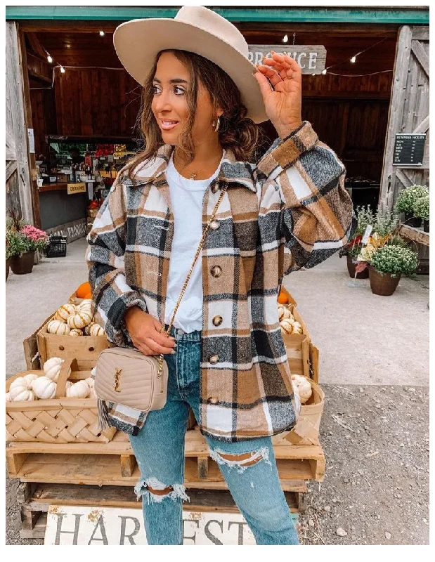 Women Casual Autumn Color Blocking Long-Sleeved Single-Breasted Lapel Loose Plaid Shacket Puff Sleeve Blouse Women Casual Autumn Color Blocking Long-Sleeved Single-Breasted Lapel Loose Plaid Shacket Puff Sleeve Blouse