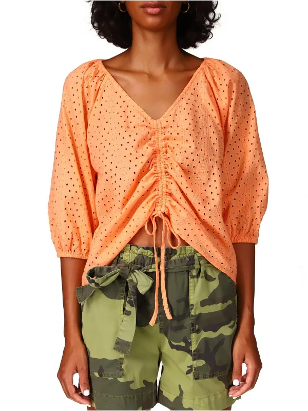 Womens Eyelet Ruched Blouse Slim Fit Blouse