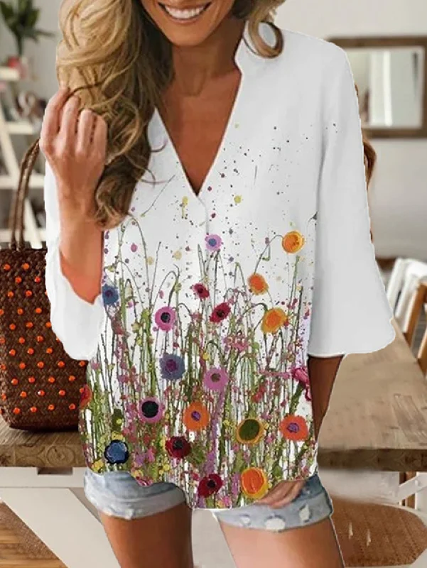 Women'S V Neck Fashion Floral Print Loose Long Sleeve Casual Blouses Bell Sleeve Blouse Women'S V Neck Fashion Floral Print Loose Long Sleeve Casual Blouses Bell Sleeve Blouse