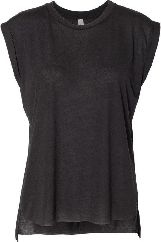 BELLA + CANVAS Womens Flowy Rolled Cuffs Muscle Tee Zippered Buttoned Snapped