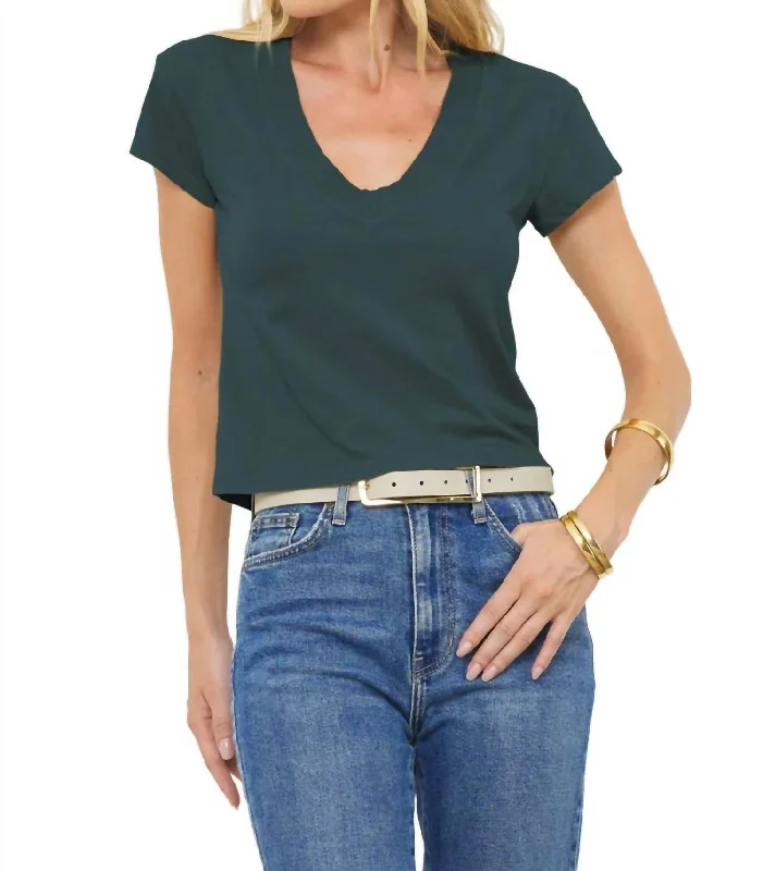 Deep V-Neck Tee In Pine Green Seamless Knitted Crochet