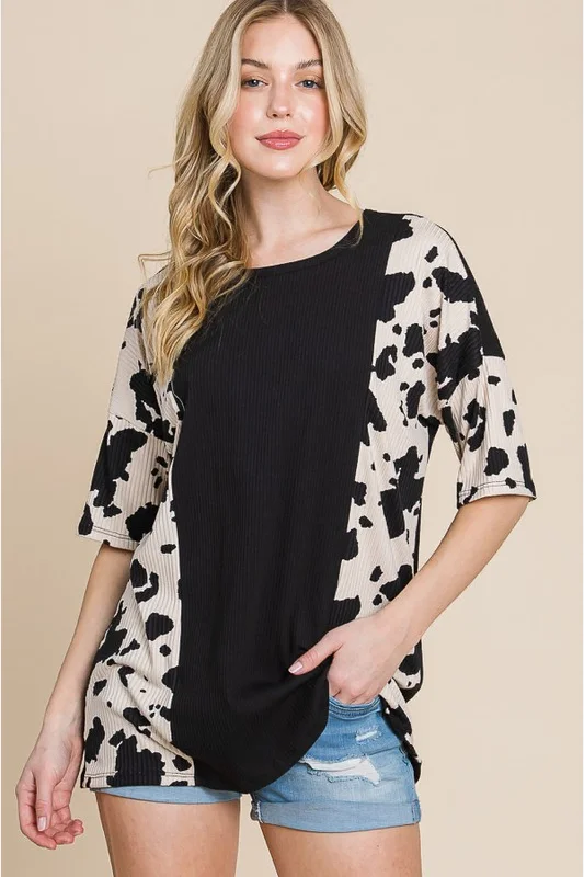 Rodeo Love Ribbed Animal Contrast Tee Ribbed T-Shirt High Neck Heavyweight