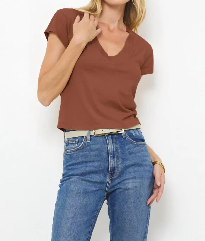 Suri Organic Deep V Cap Sleeve Tee In Cognac Rayon Velvet Corduroy