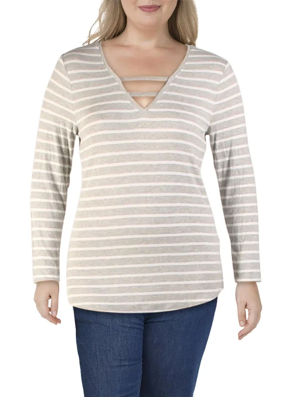 Womens Striped V-Neck T-Shirt Basic T-Shirt Crew Neck Short Sleeve